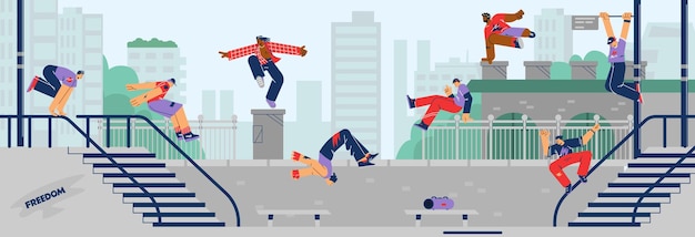 Young people performing parkour in the city flat vector illustration