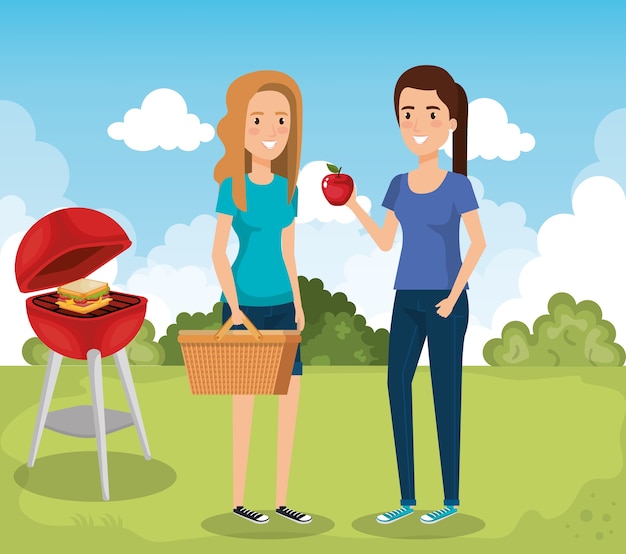 young people in picnic day scene vector illustration design