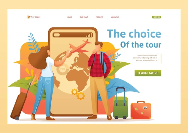 Young people plan their trip on vacation choose the direction Flat 2D character Landing page concepts and web design