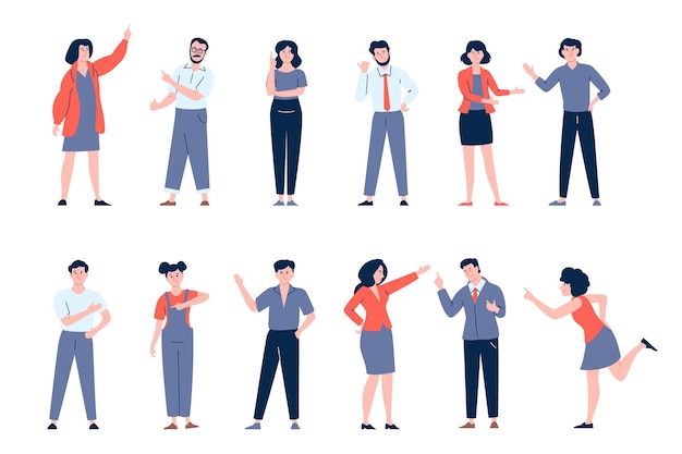 Young people point on something show direction Isolated characters hand and finger up pointing and showing Recent vector business person set Illustration of pointing man and woman