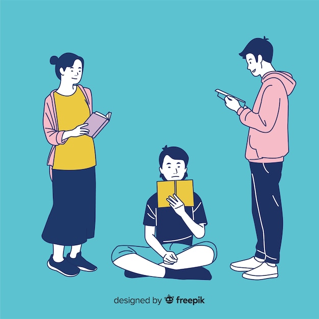 Young people reading in korean drawing style