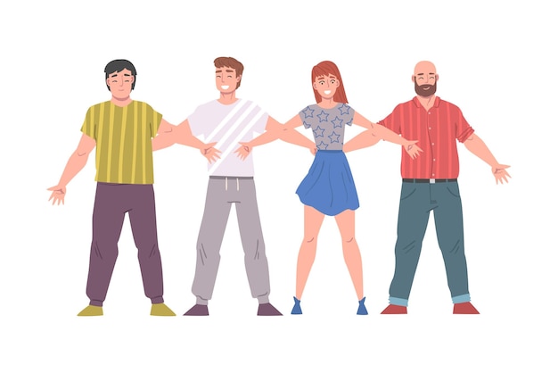 Vector young people standing together hugging each other friendship solidarity cooperation concept cartoon style vector illustration