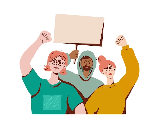 Young people at a street demonstration Man holds a poster Political revolution Vector flat illustration