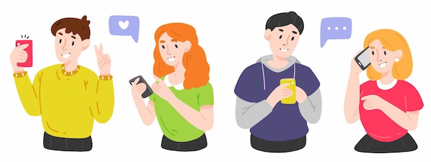 Young people talk on the phone correspond take selfies. Happy boys and girls male and female with smartphones set