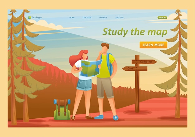 Young people use the map in the forest camping Flat 2D character Landing page concepts and web design