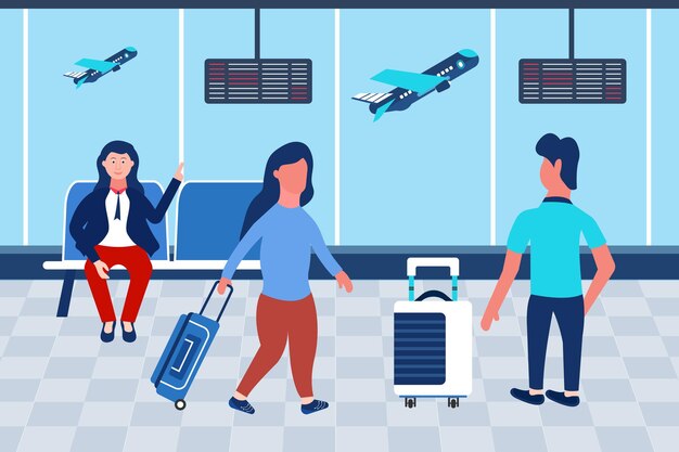 Young people waiting in airport for plane flight airplane luggage flat vector