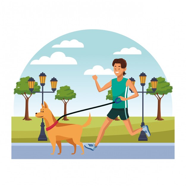 Vector young people walking dog cartoon