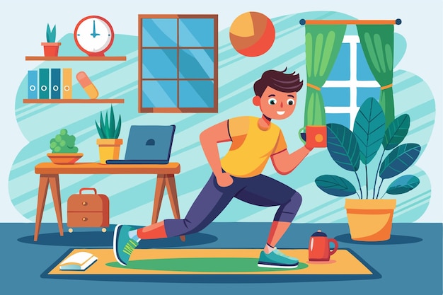 A young person jogs in their living room while checking their smartwatch during home training Training at home Customizable Cartoon Illustration