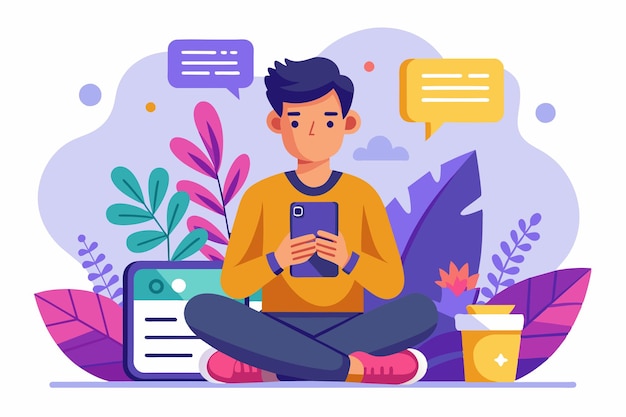 Vector a young person sits crosslegged using a smartphone while surrounded by decorative plants and speech bubbles texting customizable semi flat illustration