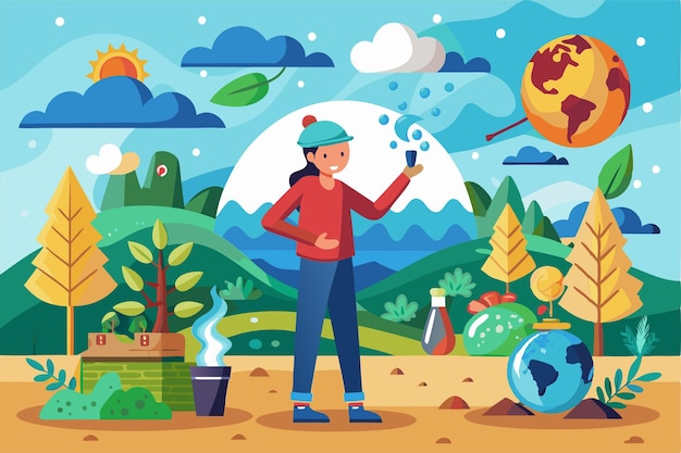 Vector a young person stands amidst nature showcasing efforts to combat climate change with engaging visuals customizable cartoon illustration of climate change