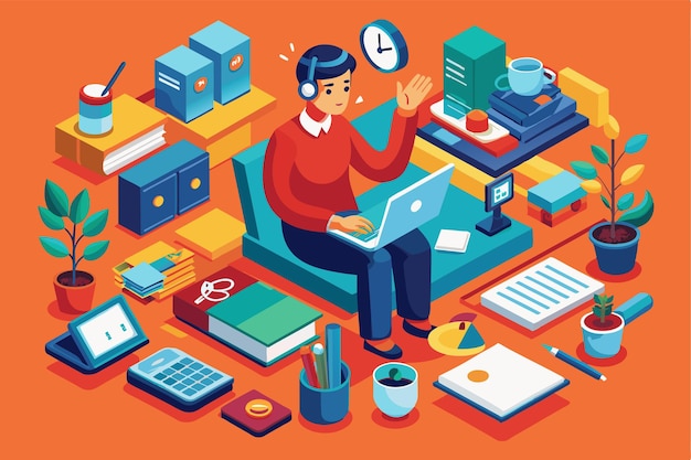 Vector a young person works on a laptop balancing tasks while surrounded by office supplies in a vibrant setting multitasking customizable isometric illustration