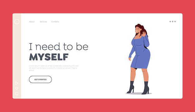 Young Plus Size Stylish Lady Landing Page Template Woman Wearing Blue Mini Dress and Black Heels Posing and Waving Hand