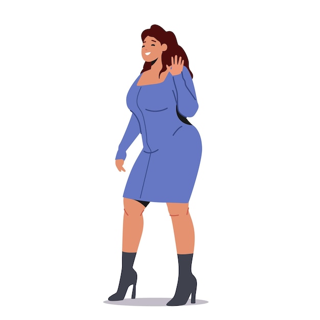 Young Plus Size Stylish Woman Wearing Blue Mini Dress and Black Heels Posing and Waving Hand Spring Fashion Outfit