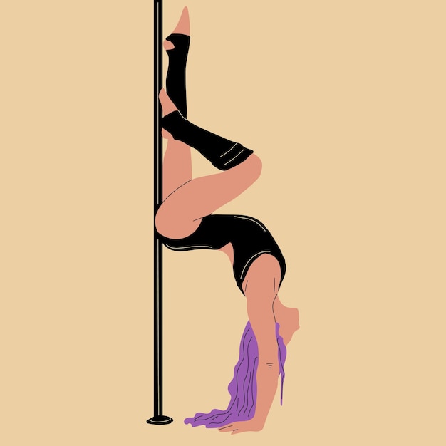 Young pole dance woman in black leotard, cartoon style vector illustration isolated on  background.