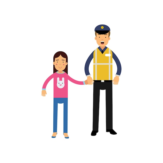 Young police officer and little kid holding hands. Cartoon characters of road policeman in cap and reflective waistcoat workwear and school girl in pink sweater. Public service. Vector flat design.