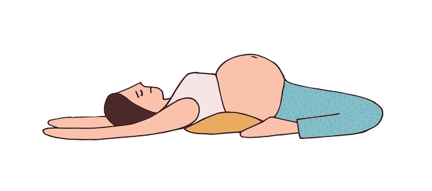 Young pregnant woman lying and stretching with loin on pillow. Pregnancy yoga pose for back pain. Mom with belly doing exercise, training. Colored flat vector illustration isolated on white background