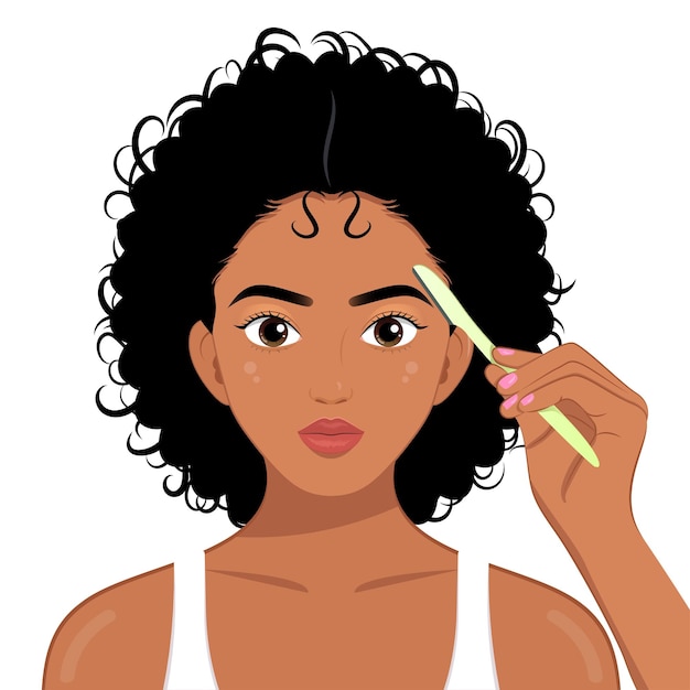 Young pretty African girl shaving eyebrows with razor eyebrows shape skincare make up beauty