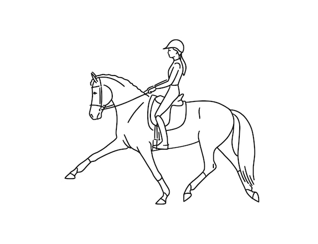 Young pretty girl riding a horse line vector illustration