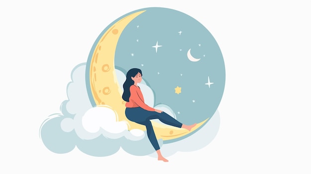 Young Pretty Girl Sitting on Moon in Sky Flat Vector Illustration