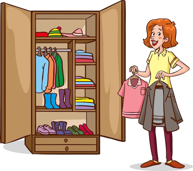 Young, pretty woman hanging dresses in wardrobe in bedroom at home