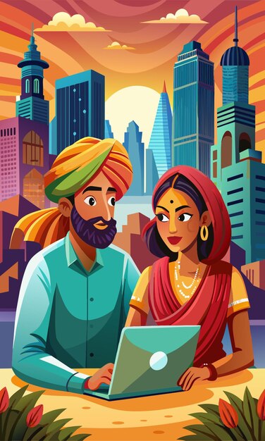 Vector young rajasthani man with turban and women in saree working on laptop their eyes must look at