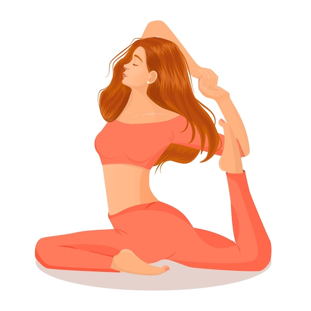 Young red haired girl practicing yoga sitting in Eka Pada Rajakapotasana pose