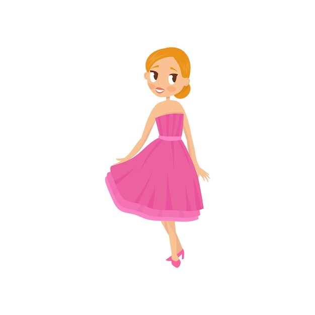 Young redhaired girl wearing beautiful pink dress and high heels shoes Female character with cheerful face expression Flat vector design