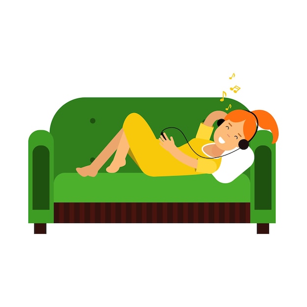 Young redhead girl in yellow dress lying on green sofa and listening to music on headphones vector Illustration isolated on a white background