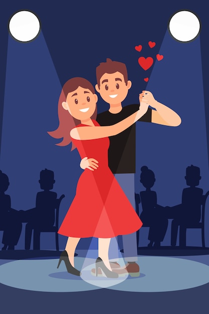 Young romantic couple dancing tango under bright spotlights.  Flat   design