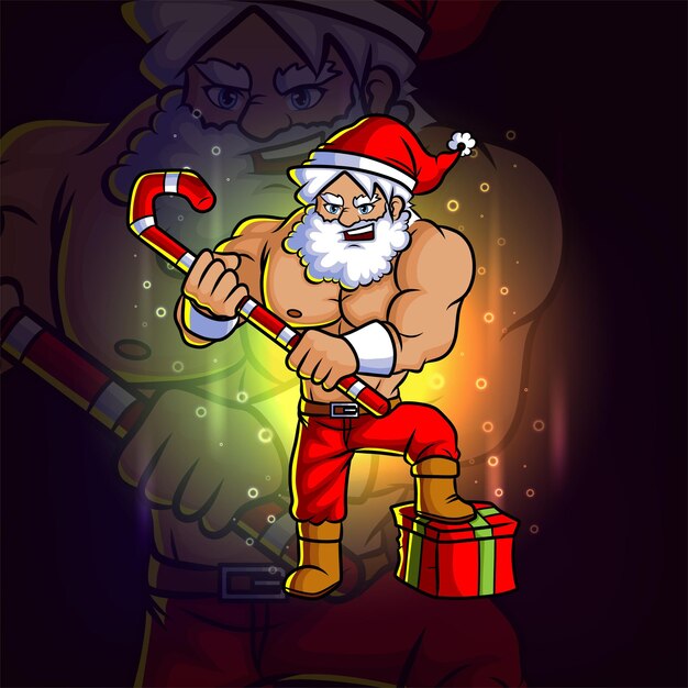 Vector the young santa with the gift and candy stick esport mascot design of illustration