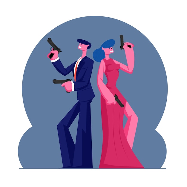 Young Self-confident Couple of Man and Woman in Modern Evening Clothes Holding Guns Stand Back to Back. Cartoon Flat Illustration