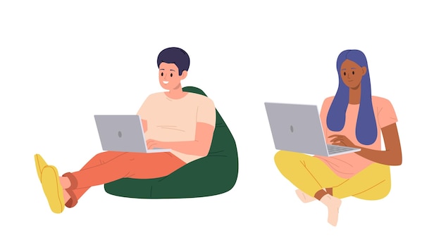 Vector young selfemployed man and woman freelancer cartoon characters working through internet on laptop