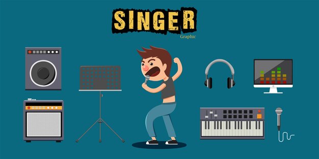 Young singer man with microphone to sing a song and equipment in work speaker music stand headphone monitor electric keyboard and tuner in cartoon style for graphic designer