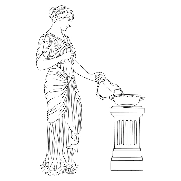 A young slender ancient Greek woman in tunic with a jug pouring water into a bowl