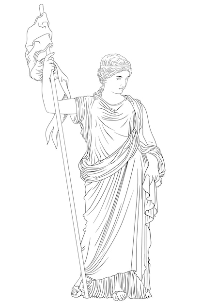 A young slender woman in an ancient Greek tunic with a pennant in her hand.