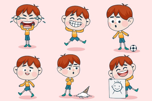 Young smart boy character with different facial expression and hand poses. 