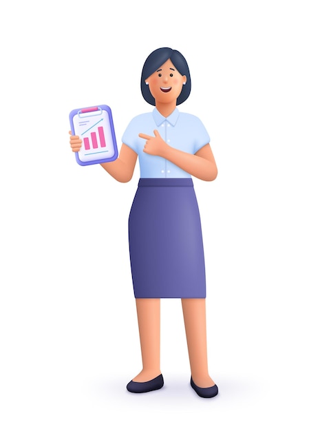 Young smiling business woman or office worker stands and holds work documents folder 3d vector people character illustration Cartoon minimal style