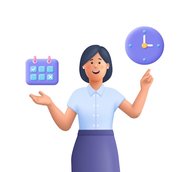 Young smiling business woman pointing to calendar and clockTime management timing self organization business planning concept 3d vector people character illustrationCartoon minimal style