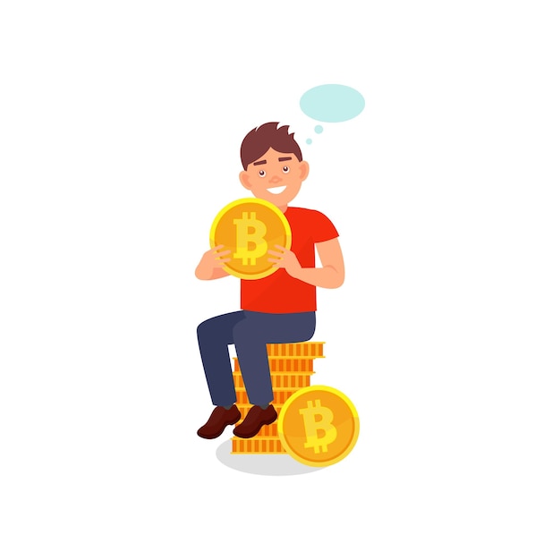 Young smiling man sitting on a stack of bitcoins cryptocurrency mining technology vector Illustration on a white background