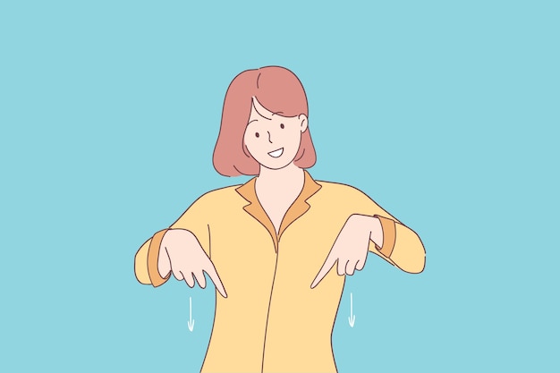 Young smiling woman cartoon character in pajamas standing and pointing fingers down with arrows down for attention