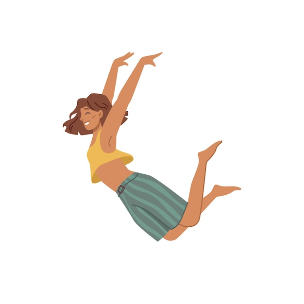 Young smiling woman flying in air jump of joy