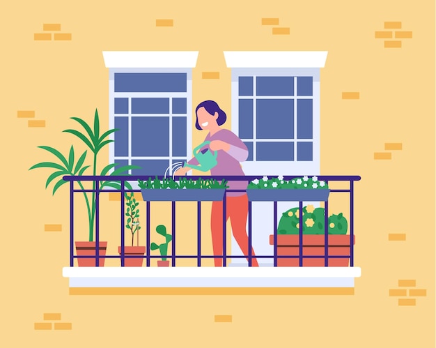 Young smiling woman is watering flowers on balcony Lady caring of plants Building facade Female leisure Apartment window Domestic activity Home terrace House garden Vector concept