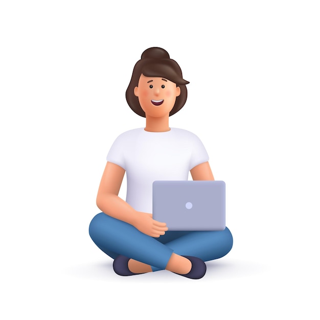 Young smiling woman Jane sitting with crossed legs holding laptop Freelance studying online education work at home work concept 3d vector people character illustration Cartoon minimal style