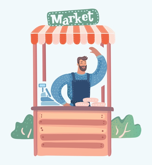 Vector young street seller standing behind market stall