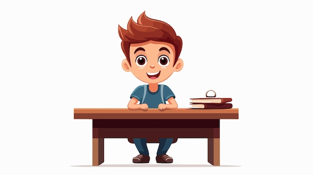 Vector young student boy sitting at school desk on white background