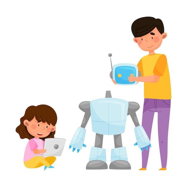 Young student boy standing with kid and controlling robot with tablet vector illustration