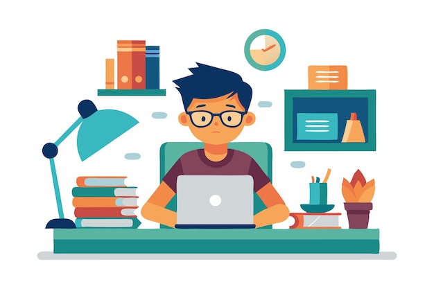 Vector young student studying at a desk with laptop and books in a cartoon style