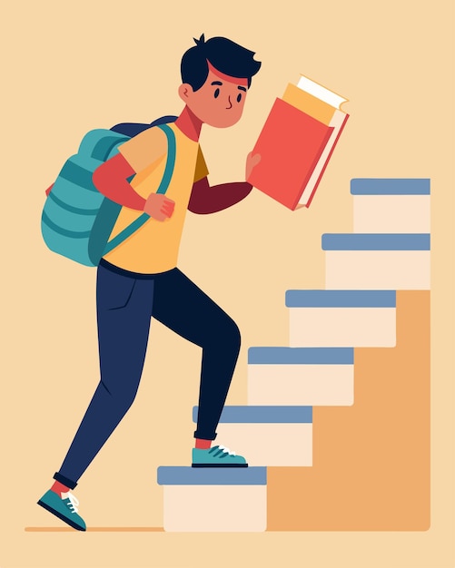 A young student trudges up a flight of stairs with a backpack filled with textbooks and stress