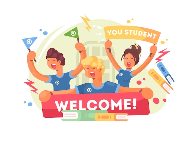 Young students greeted with new poster. Welcome to university. Vector illustration