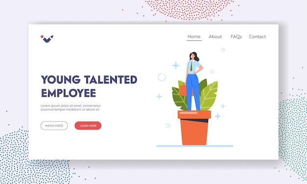 Young Talented Employee Landing Page Template Growing Talent Concept Female Character Business Woman Grow in Pot